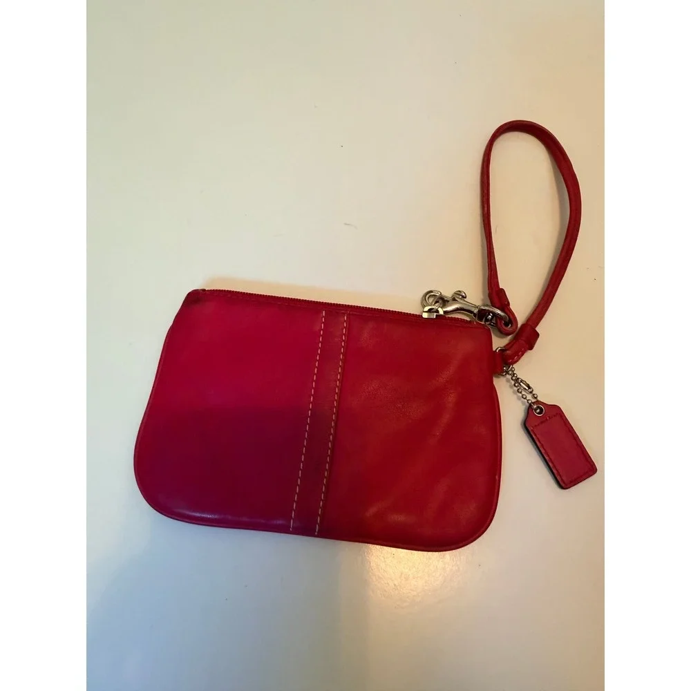 Vintage Coach‎ Wristlet Women Small Magenta Pink Leather Zip Pouch Wallet Bag
